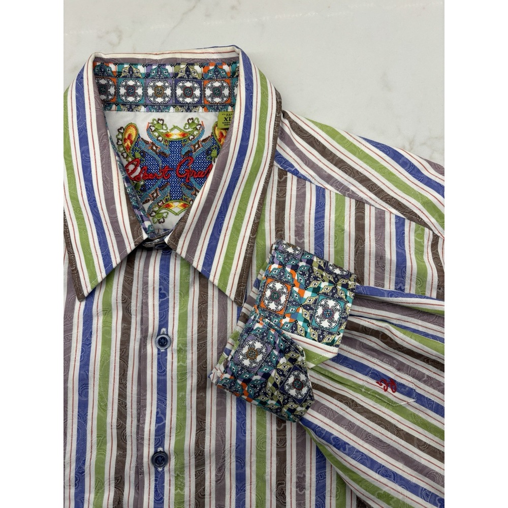 Robert Graham Patterned Striped Flip Cuff Button Up Front Shirt Colorful Mens XL